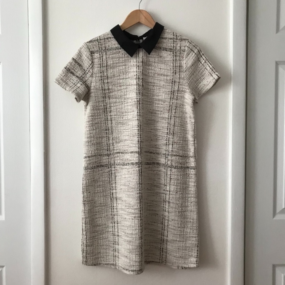 Zara White Peter Pan Collar Tweed Shift Dress